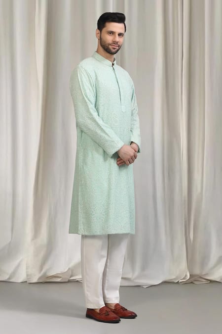 Aham-Vayam_Green Cotton Embroidery, Sequins Upwan Kurta Set _Online_at_Aza_Fashions