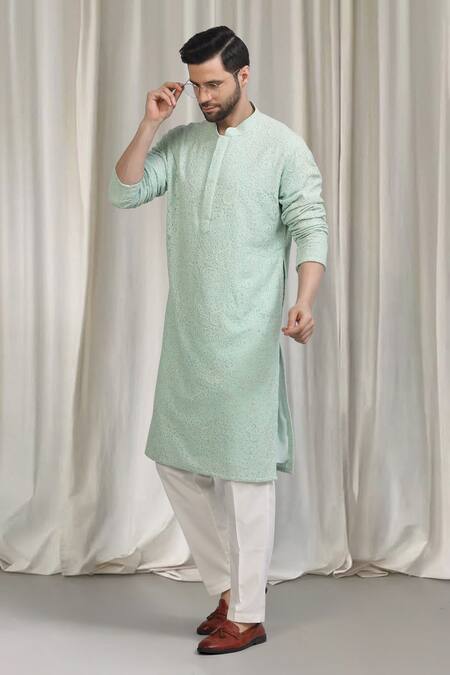 Buy_Aham-Vayam_Green Cotton Embroidery, Sequins Upwan Kurta Set _Online_at_Aza_Fashions