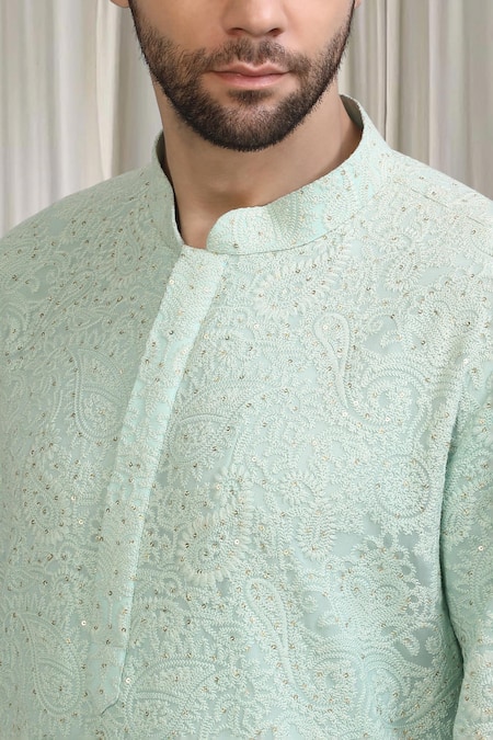 Shop_Aham-Vayam_Green Cotton Embroidery, Sequins Upwan Kurta Set _Online_at_Aza_Fashions