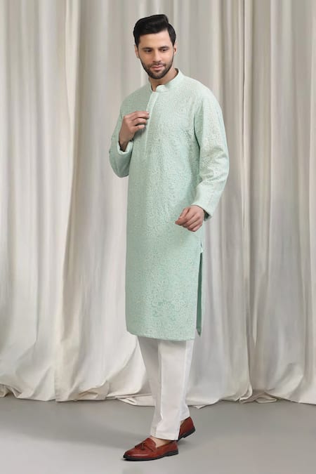 Buy_Aham-Vayam_Green Cotton Embroidery, Sequins Upwan Kurta Set 