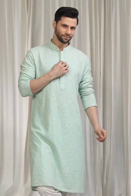 Shop_Aham-Vayam_Green Cotton Embroidery, Sequins Upwan Kurta Set 
