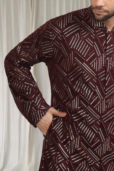 Buy_Aham-Vayam_Brown Cotton Embroidery, Metallic Thread Geometric Kurta Pant Dupatta Set _Online_at_Aza_Fashions