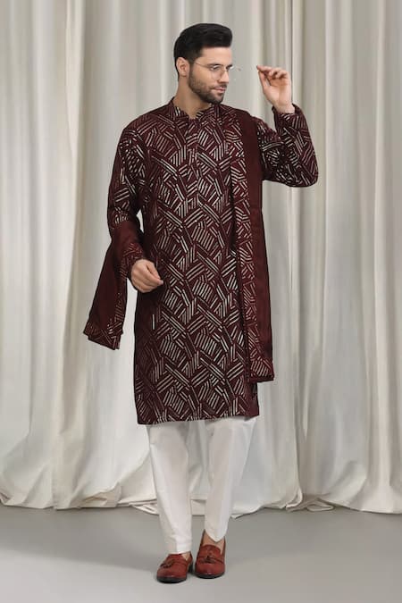 Aham-Vayam_Brown Cotton Embroidery, Metallic Thread Geometric Kurta Pant Dupatta Set _at_Aza_Fashions