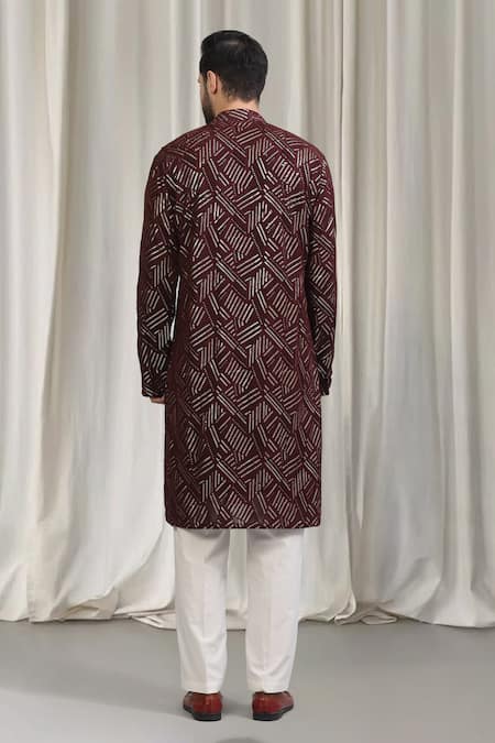 Aham-Vayam Geometric Embroidered Kurta Pant Dupatta Set 