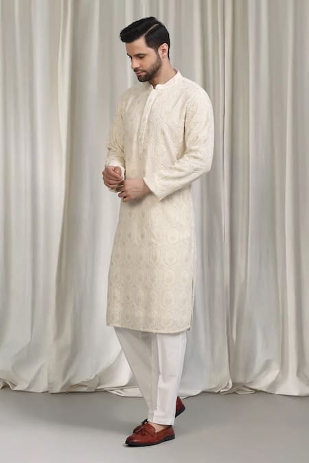 Buy_Aham-Vayam_Ivory Cotton Embroidery Jashne Khaas Kurta Set _Online_at_Aza_Fashions