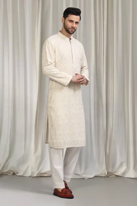 Shop_Aham-Vayam_Ivory Cotton Embroidery Jashne Khaas Kurta Set _Online_at_Aza_Fashions