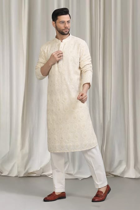 Aham-Vayam_Ivory Cotton Embroidery Jashne Khaas Kurta Set _at_Aza_Fashions