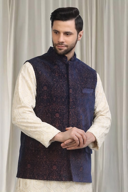 Aham-Vayam_Blue Velvet, Cotton Khaas Floral Pattern Nehru Jacket _Online_at_Aza_Fashions