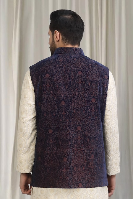 Aham-Vayam Khaas Velvet Floral Pattern Nehru Jacket 
