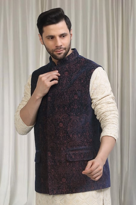 Shop_Aham-Vayam_Blue Velvet, Cotton Khaas Floral Pattern Nehru Jacket _Online_at_Aza_Fashions