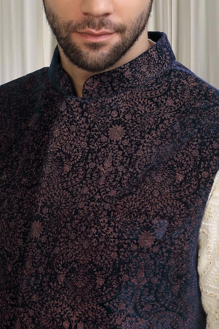 Buy_Aham-Vayam_Blue Velvet, Cotton Khaas Floral Pattern Nehru Jacket 