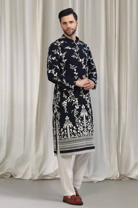 Aham-Vayam_Blue Cotton Embroidery Phool Patti Kurta Set _at_Aza_Fashions
