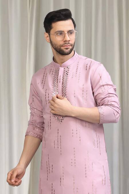 Shop_Aham-Vayam_Pink Cotton, Silk Mirrors, Embroidery Tyohaar Mirrorwork Kurta Set _Online_at_Aza_Fashions