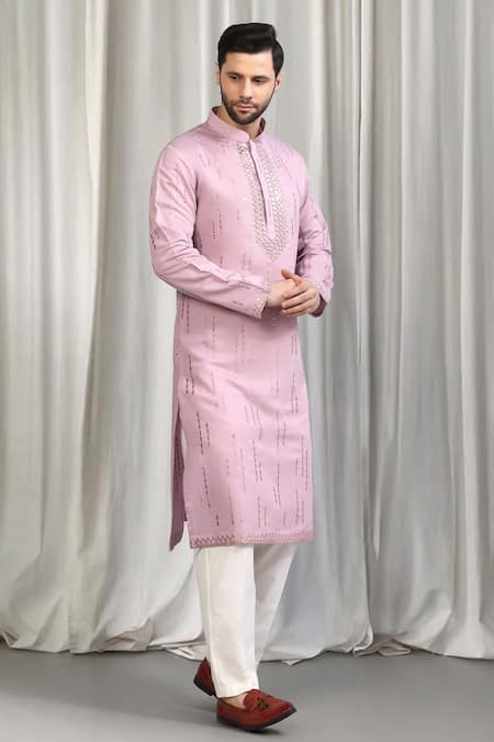 Shop_Aham-Vayam_Pink Cotton, Silk Mirrors, Embroidery Tyohaar Mirrorwork Kurta Set 