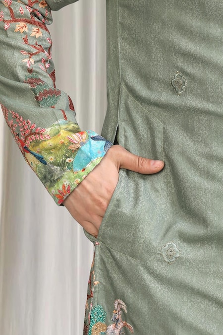 Shop_Aham-Vayam_Green Cotton Embroidery Printed Kurta And Pant Set _Online_at_Aza_Fashions