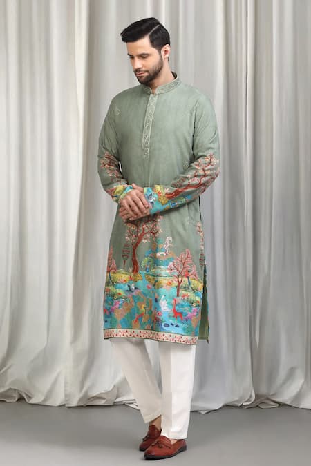 Aham-Vayam_Green Cotton Embroidery Printed Kurta And Pant Set _at_Aza_Fashions