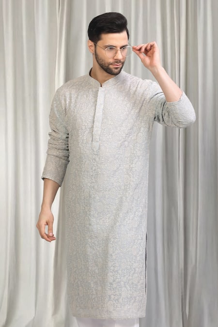 Buy_Aham-Vayam_Grey Cotton Embroidery Harshollas Kurta Set _Online_at_Aza_Fashions