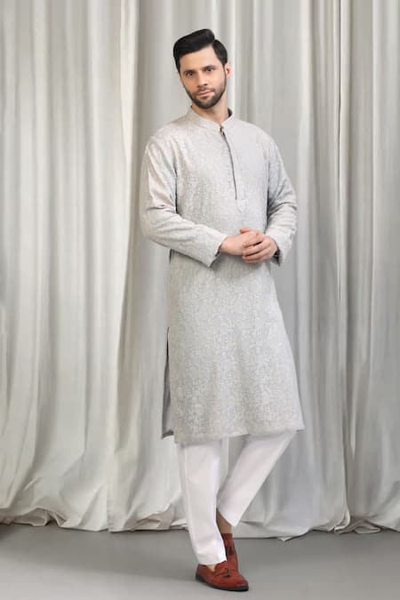 Shop_Aham-Vayam_Grey Cotton Embroidery Harshollas Kurta Set _Online_at_Aza_Fashions