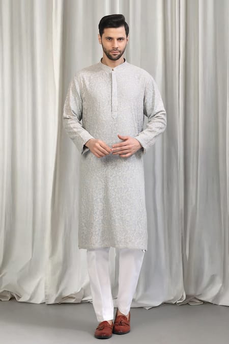 Aham-Vayam_Grey Cotton Embroidery Harshollas Kurta Set _at_Aza_Fashions
