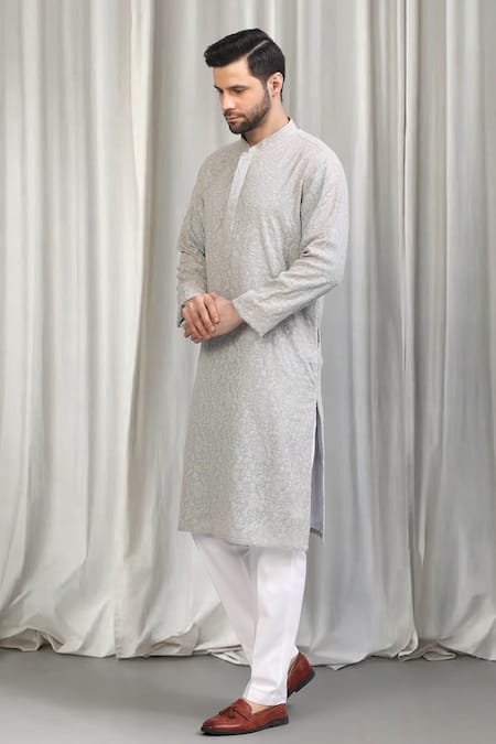 Buy_Aham-Vayam_Grey Cotton Embroidery Harshollas Kurta Set 