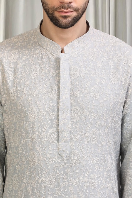 Shop_Aham-Vayam_Grey Cotton Embroidery Harshollas Kurta Set 