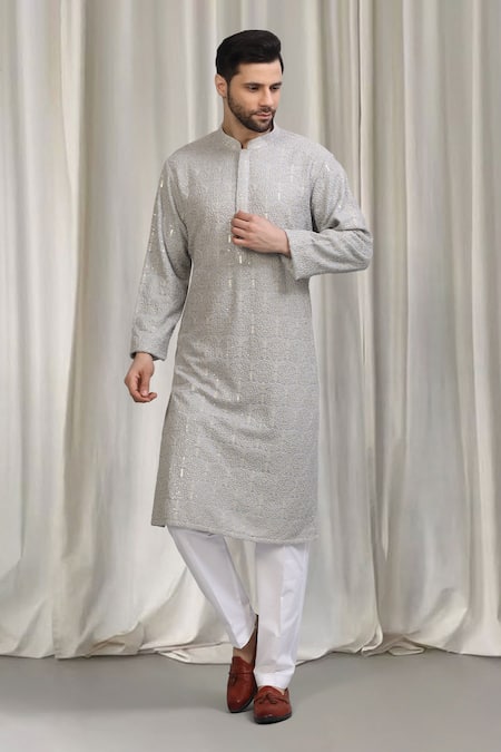 Shop_Aham-Vayam_Grey Cotton Embroidery, Sequins Swarna Kurta And Pant Set _Online_at_Aza_Fashions
