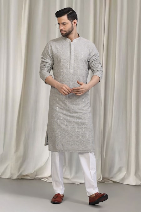 Aham-Vayam_Grey Cotton Embroidery, Sequins Swarna Kurta And Pant Set _at_Aza_Fashions