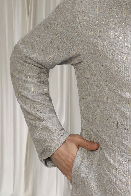 Shop_Aham-Vayam_Grey Cotton Embroidery, Sequins Swarna Kurta And Pant Set 