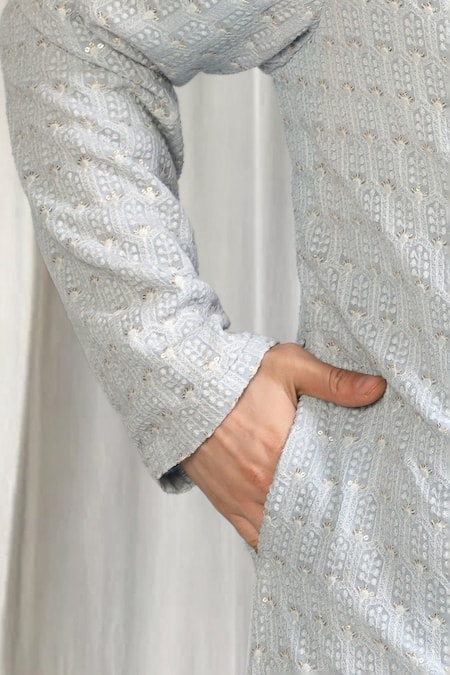 Shop_Aham-Vayam_Grey Cotton Sequins, Embroidery Jalsa Kurta And Pant Set 