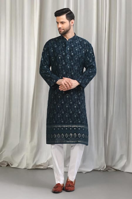 Aham-Vayam_Blue Cotton Embroidery, Sequins Pushpotsav Kurta And Pant Set _Online_at_Aza_Fashions