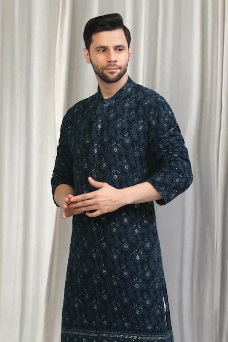 Aham-Vayam_Blue Cotton Embroidery, Sequins Pushpotsav Kurta And Pant Set _at_Aza_Fashions