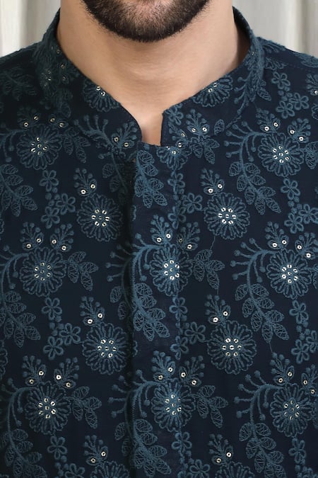 Shop_Aham-Vayam_Blue Cotton Embroidery, Sequins Pushpotsav Kurta And Pant Set 