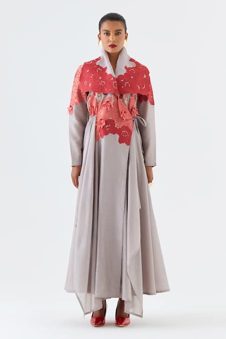 Shop_Jajaabor_Grey Chanderi Silk, Cotton, Linen Embroidery, Cut Work, Angarkha And Pant Set _Online_at_Aza_Fashions