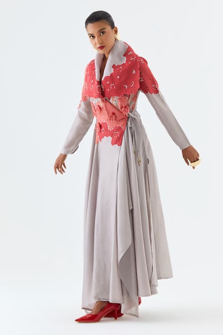 Jajaabor_Grey Chanderi Silk, Cotton, Linen Embroidery, Cut Work, Angarkha And Pant Set _at_Aza_Fashions