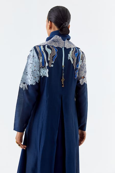 Buy_Jajaabor_Blue Chanderi Silk, Cotton, Linen Embroidery, Floral Angarkha And Pant Set _Online_at_Aza_Fashions