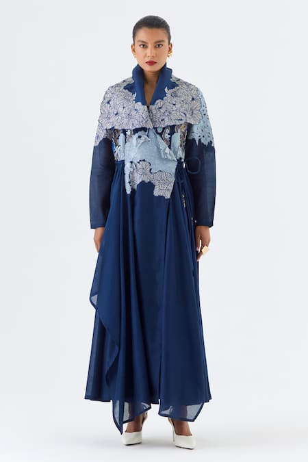 Jajaabor_Blue Chanderi Silk, Cotton, Linen Embroidery, Floral Angarkha And Pant Set _at_Aza_Fashions