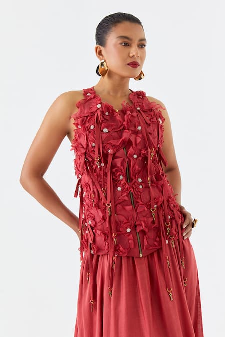 Jajaabor_Red , , Blossom Cutwork Embroidered Jacket And Skirt Set _Online_at_Aza_Fashions