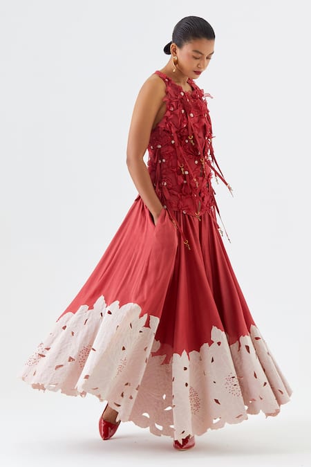 Buy_Jajaabor_Red , , Blossom Cutwork Embroidered Jacket And Skirt Set _Online_at_Aza_Fashions