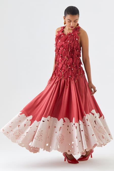 Shop_Jajaabor_Red , , Blossom Cutwork Embroidered Jacket And Skirt Set _Online_at_Aza_Fashions