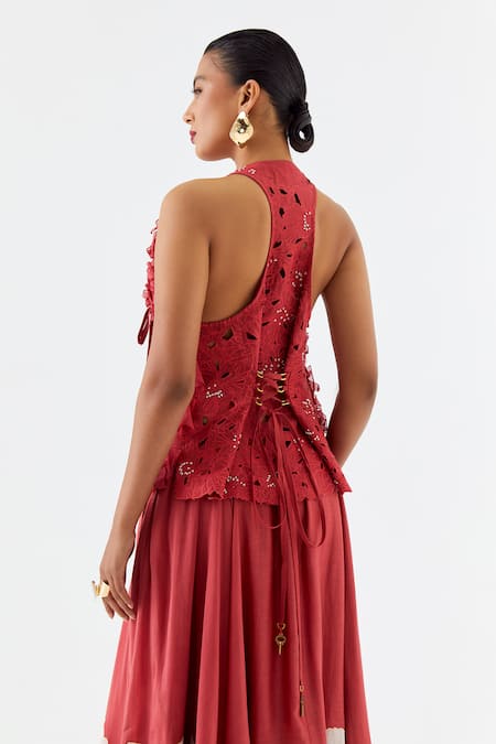 Jajaabor_Red , , Blossom Cutwork Embroidered Jacket And Skirt Set _at_Aza_Fashions