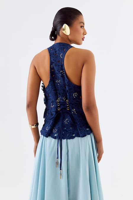 Jajaabor_Blue Chanderi Silk Cut Work, Blossom Cutwork Embroidered Jacket And Skirt Set _Online_at_Aza_Fashions