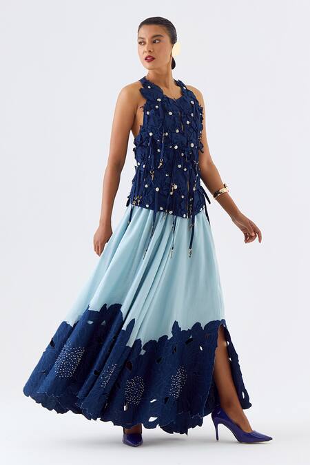 Buy_Jajaabor_Blue Chanderi Silk Cut Work, Blossom Cutwork Embroidered Jacket And Skirt Set _Online_at_Aza_Fashions