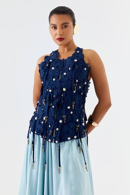 Jajaabor_Blue Chanderi Silk Cut Work, Blossom Cutwork Embroidered Jacket And Skirt Set _at_Aza_Fashions