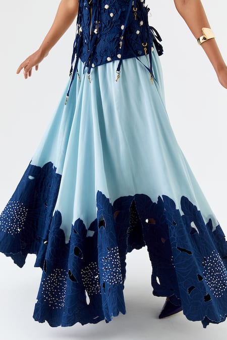 Buy_Jajaabor_Blue Chanderi Silk Cut Work, Blossom Cutwork Embroidered Jacket And Skirt Set 