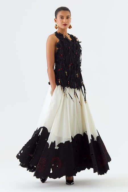 Jajaabor_Black Chanderi Silk Cut Work, Embroidery, Tassels Blossom Jacket And Skirt Set _Online_at_Aza_Fashions