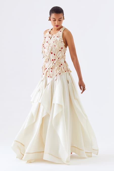 Buy_Jajaabor_Ivory Chanderi Silk Cut Work, Embroidery, Blossom Cutwork Jacket And Skirt Set _Online_at_Aza_Fashions