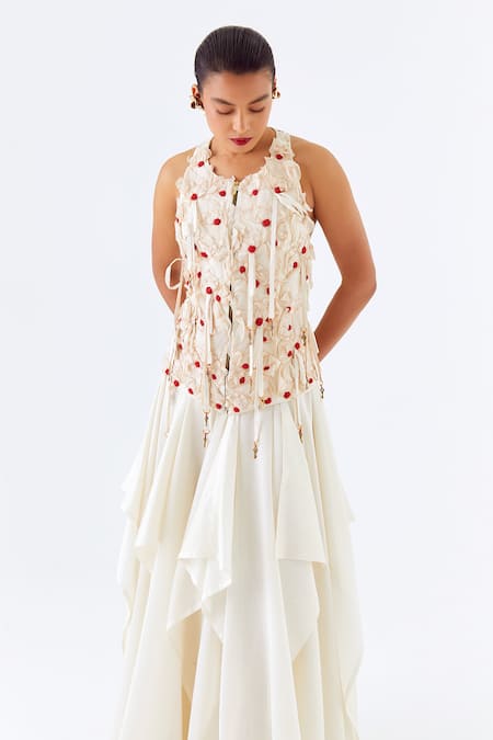 Shop_Jajaabor_Ivory Chanderi Silk Cut Work, Embroidery, Blossom Cutwork Jacket And Skirt Set _Online_at_Aza_Fashions