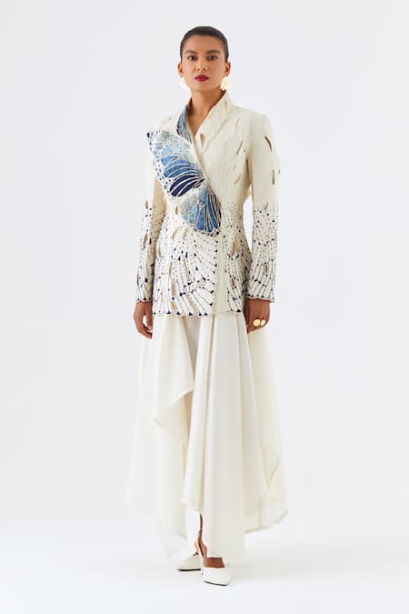 Shop_Jajaabor_Ivory Chanderi Silk Cut Work, Embroidery Cutwork Jacket With Draped Kurta _Online_at_Aza_Fashions