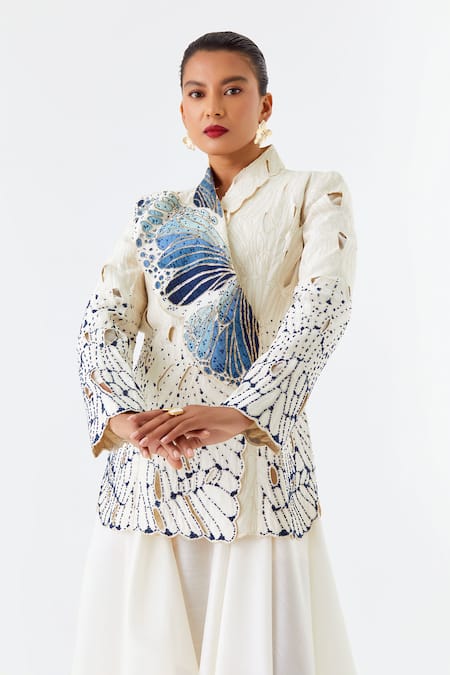 Jajaabor_Ivory Chanderi Silk Cut Work, Embroidery Cutwork Jacket With Draped Kurta _at_Aza_Fashions