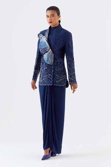 Jajaabor_Blue Chanderi Silk, Jersey Beads, Embroidery Cutwork Butterfly Jacket Skirt Set _Online_at_Aza_Fashions